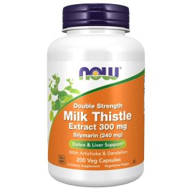 NOW Supplements, Milk Thistle Extract, Double Strength 300 mg, Silymarin (240 mg), Supports Liver Function*, With Artichoke and Dandelion, 200 Veg Cap