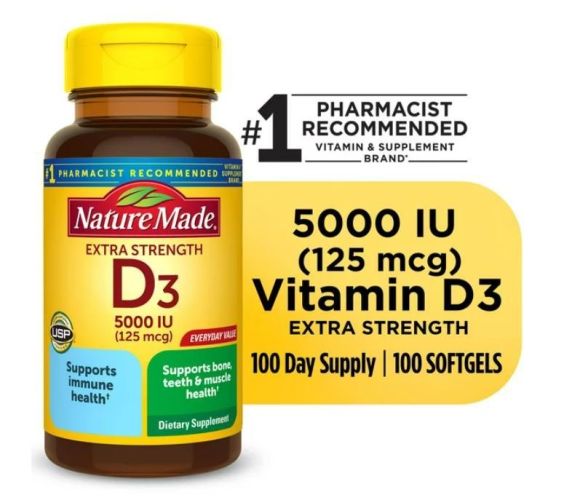 Nature Made Extra Strength Vitamin D3 5000 IU (125 mcg) Softgels, Dietary Supplement for Bone and Immune Health Support, 100 Count Nature Made Extra Strength Vitamin D3 5000 IU (125 mcg) Softgels, Dietary Supplement for Bone and Immune Health Support, 100 Count